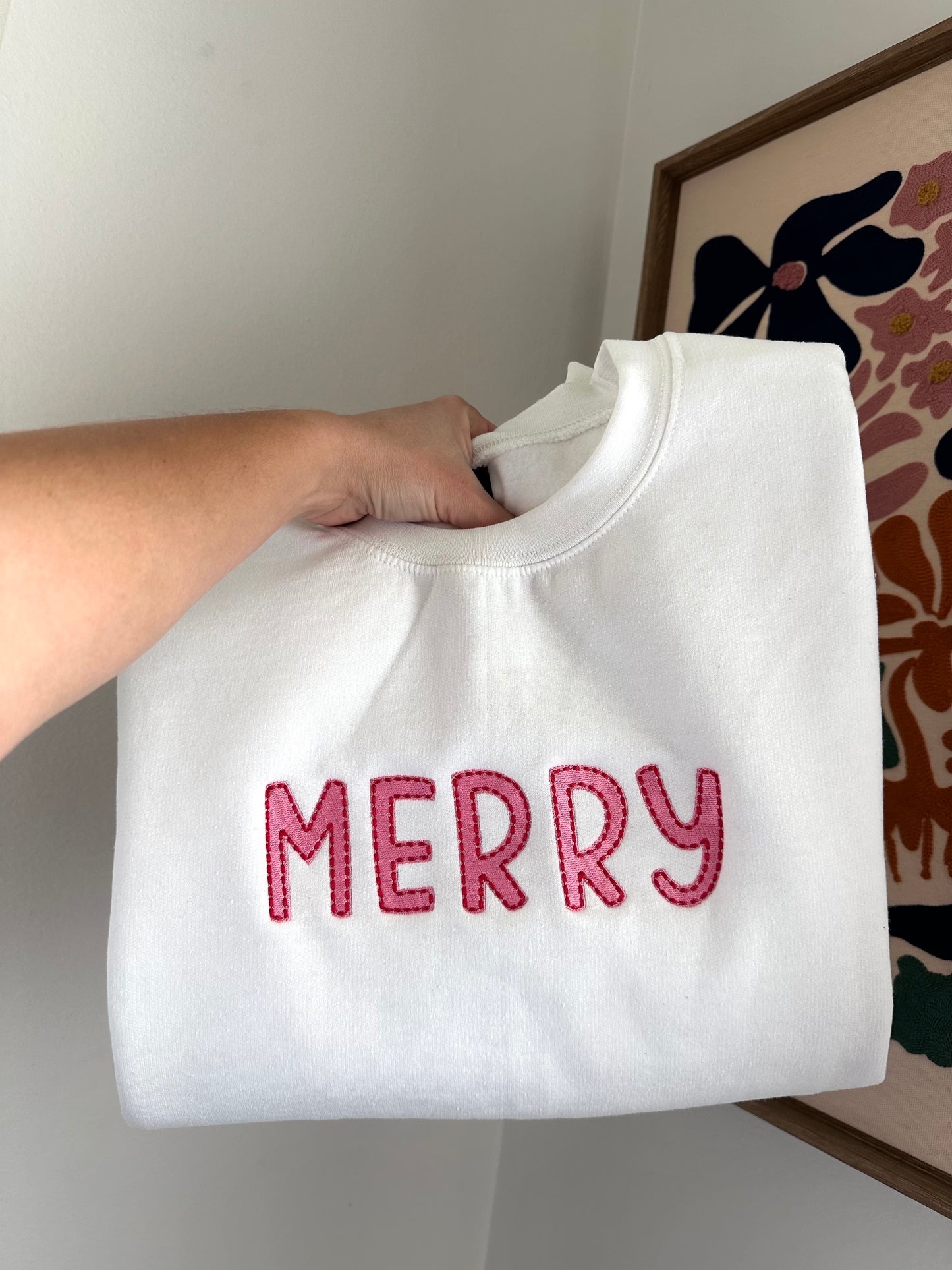 Merry Embroidered Sweatshirt Pink & Red Stitching