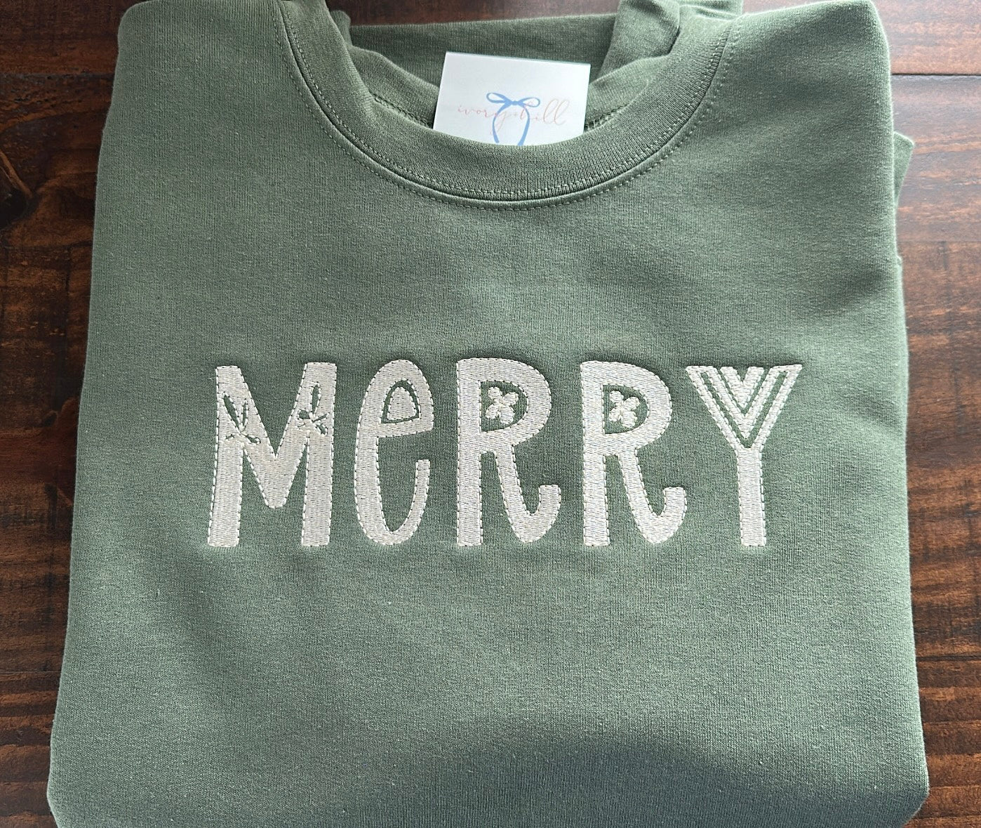 Merry Embroidered Sweatshirt Military Green with Ivory Stitching