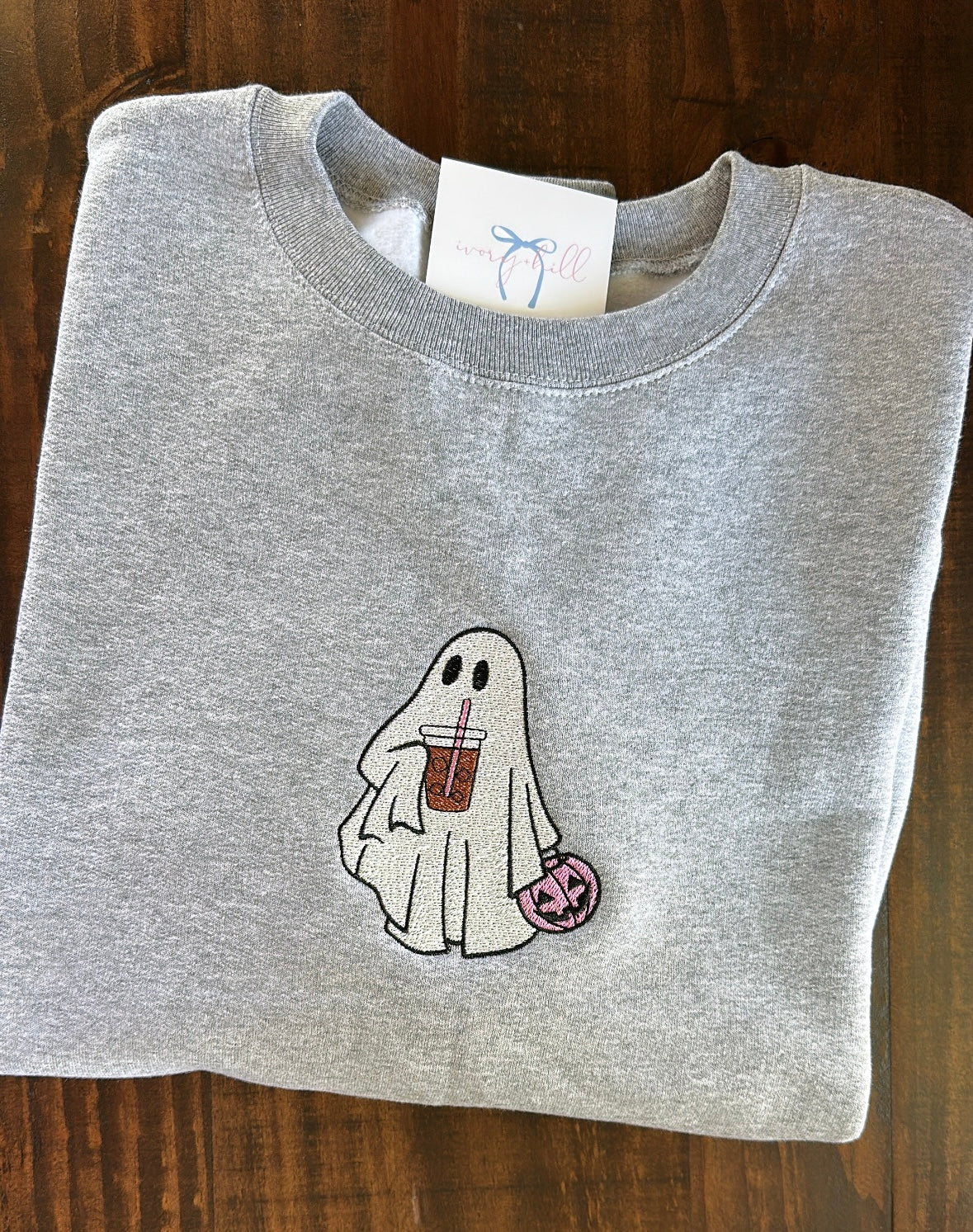 Ghost with Pink Pumpkin & Iced Coffee – Embroidered Sweatshirt