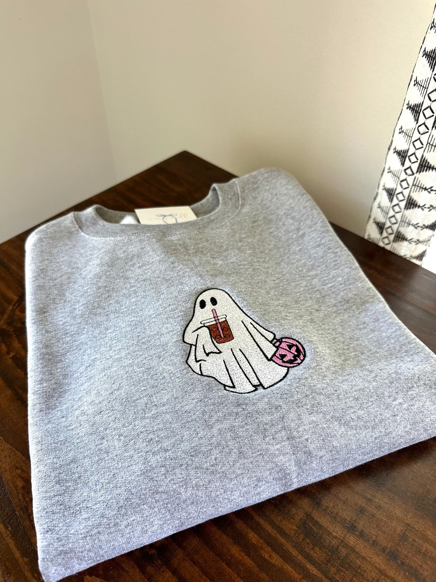 Ghost with Pink Pumpkin & Iced Coffee – Embroidered Sweatshirt