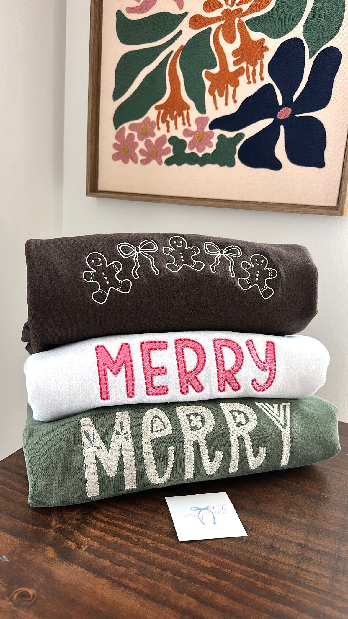 Merry Embroidered Sweatshirt Pink & Red Stitching