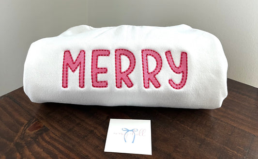 Merry Embroidered Sweatshirt Pink & Red Stitching