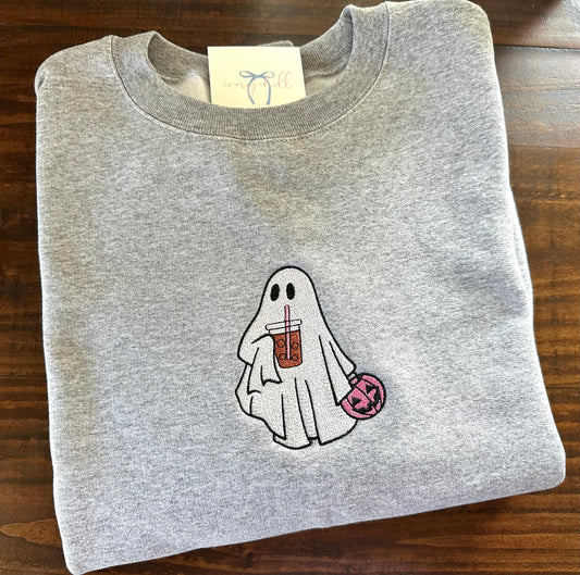 Ghost with Pink Pumpkin & Iced Coffee – Embroidered Sweatshirt
