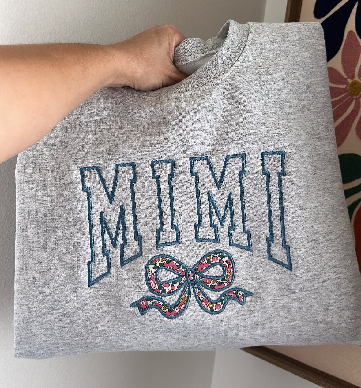 Custom Name Sweatshirt with Blue Floral Appliqué Bow Sweatshirt