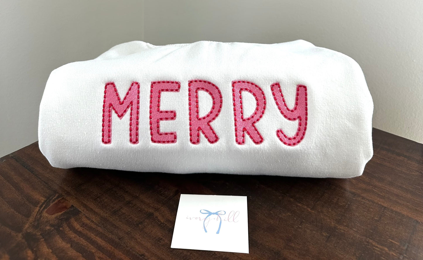 Merry Embroidered Sweatshirt Pink & Red Stitching