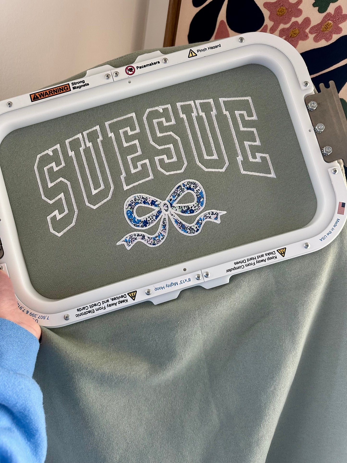 Custom Varsity Name with Blue Floral Appliqué Bow Sweatshirt