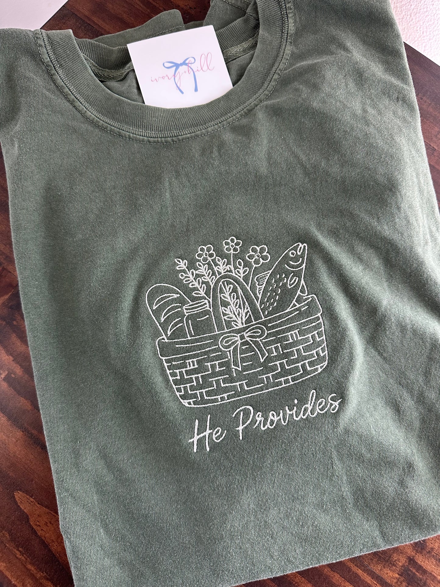 He Provides Embroidered Comfort Color Tee