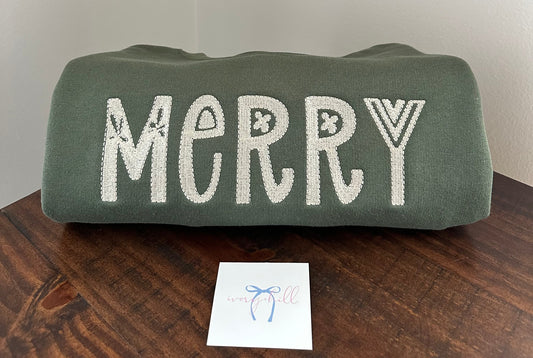 Merry Embroidered Sweatshirt Military Green with Ivory Stitching