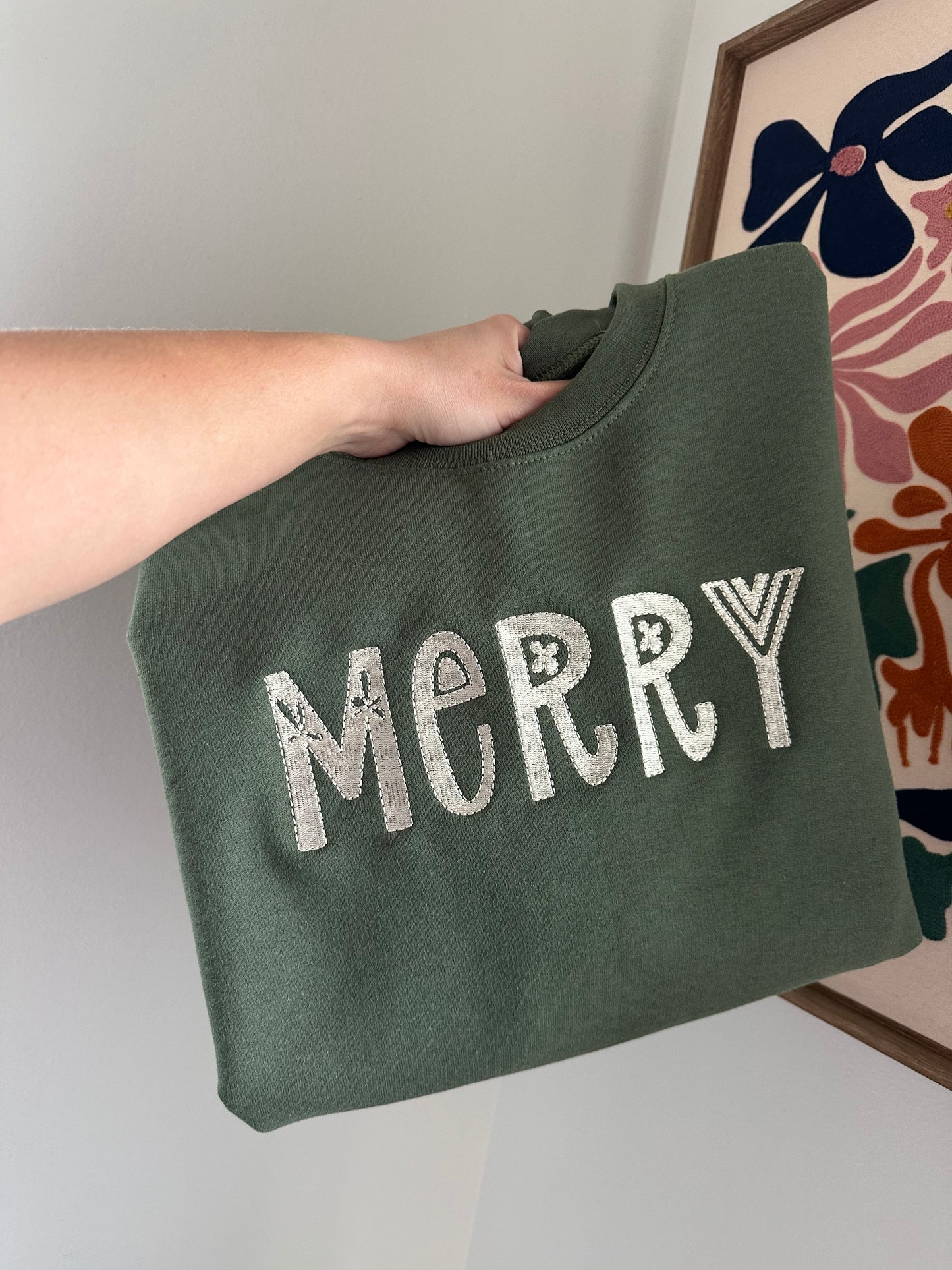 Merry Embroidered Sweatshirt Military Green with Ivory Stitching