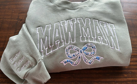 Custom Varsity Name with Blue Floral Appliqué Bow Sweatshirt