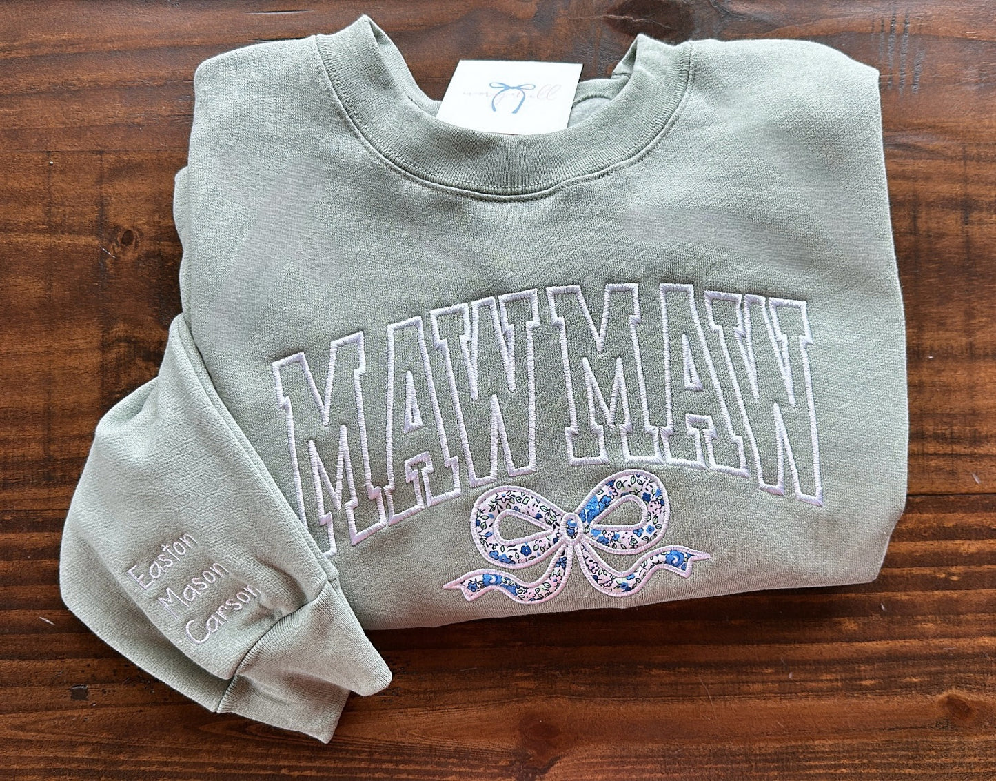 Custom Varsity Name with Blue Floral Appliqué Bow Sweatshirt